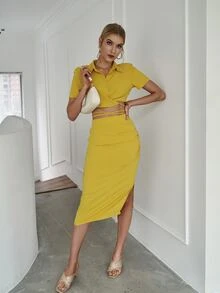 Sollinarry Lace Up Button Front Top & Split Hem Skirt - Yellow - View 5