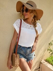 SHEIN LUNE Contrast Lace Panel Batwing Sleeve Blouse - White - View 1