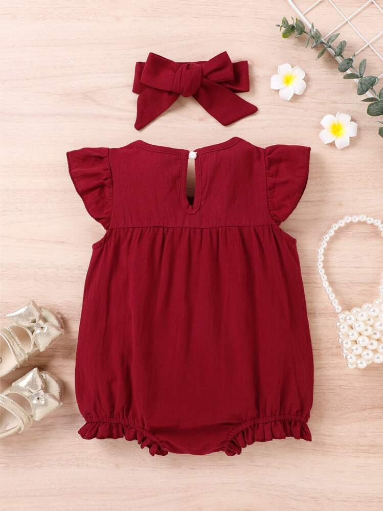 SHEIN Mono con volantes y aplicaciones florales con escote en la espalda para bebé niña con diadema - Burdeos - Añade 2