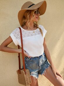 SHEIN LUNE Contrast Lace Panel Batwing Sleeve Blouse - White - View 6