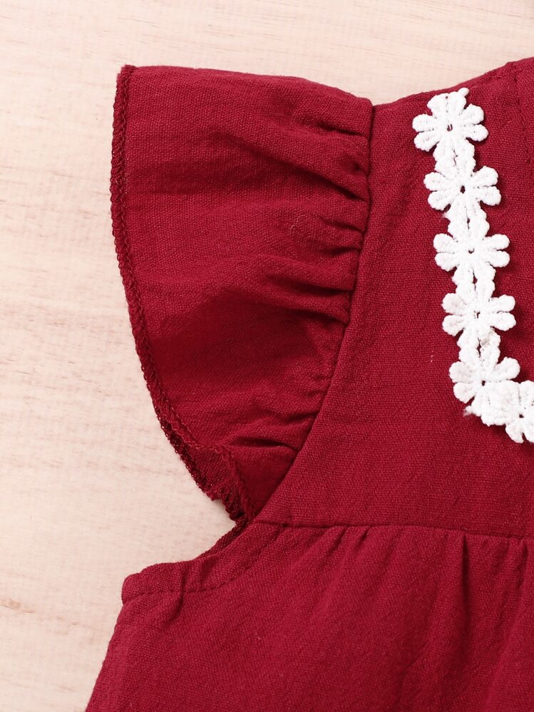 SHEIN Mono con volantes y aplicaciones florales con escote en la espalda para bebé niña con diadema - Burdeos - Añade 4