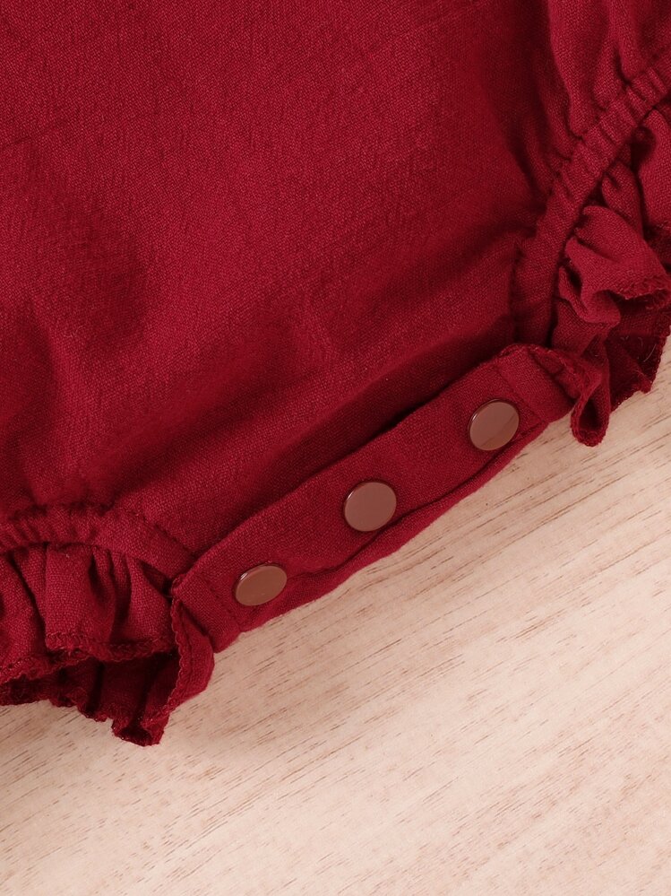 SHEIN Mono con volantes y aplicaciones florales con escote en la espalda para bebé niña con diadema - Burdeos - Añade 7