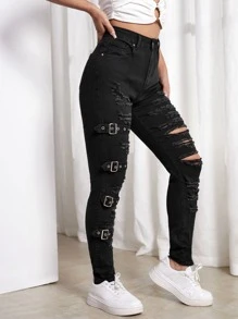 SHEIN EZwear High Waist Ripped Eyelet Buckled Detail Skinny Jeans - Black - View 3