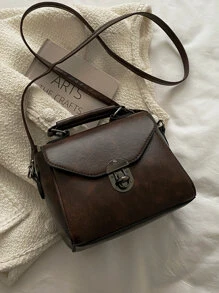 輕便商務休閒迷你金屬鎖蓋方形包適合青少年女孩女大學生、菜鳥和白領，非常適合辦公室、大學、工作、商務、通勤、戶外、旅行、郊遊 - 咖啡棕 - 查看 2