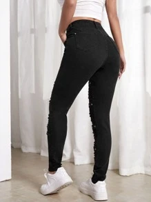 SHEIN EZwear High Waist Ripped Eyelet Buckled Detail Skinny Jeans - Black - View 2
