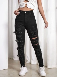 SHEIN EZwear High Waist Ripped Eyelet Buckled Detail Skinny Jeans - Black - View 1