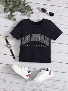 SHEIN Bebé Camiseta con estampado de letra de cuello redondo - Azul Marino - Ver 1