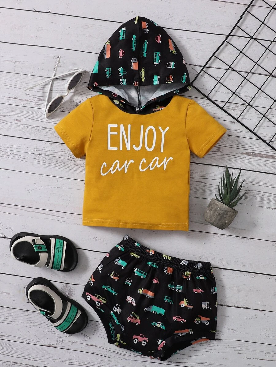 SHEIN 嬰兒字母和車圖案連帽上衣和短褲 - 彩色 - 查看 1
