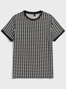 Manfinity 男士千鳥格印花滾邊T恤 - 黑與白 - 查看 1