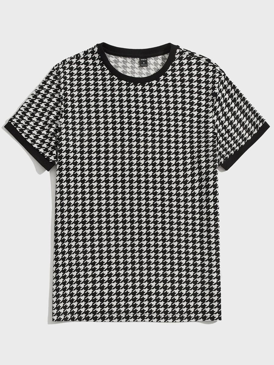Manfinity 男士千鳥格印花滾邊T恤 - 黑與白 - 查看 1
