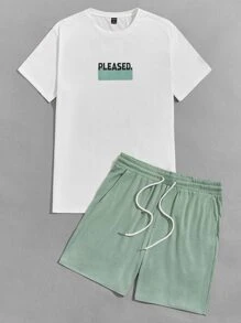 SHEIN 男士字母圖案T恤和短褲休閒服套裝 - 彩色 - 查看 1