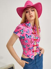 SHEIN ICON 蝴蝶圖案盤口翻領襯衫 - 彩色 - 查看 3