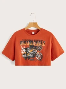 SHEIN Teen Girls Letter & Motorcycle Print Tee - Orange - View 1