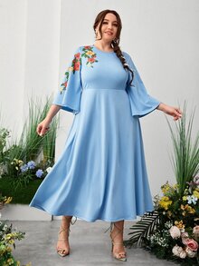 SHEIN 大碼印花荷葉袖連衣裙 - 淺藍色 - 查看 3