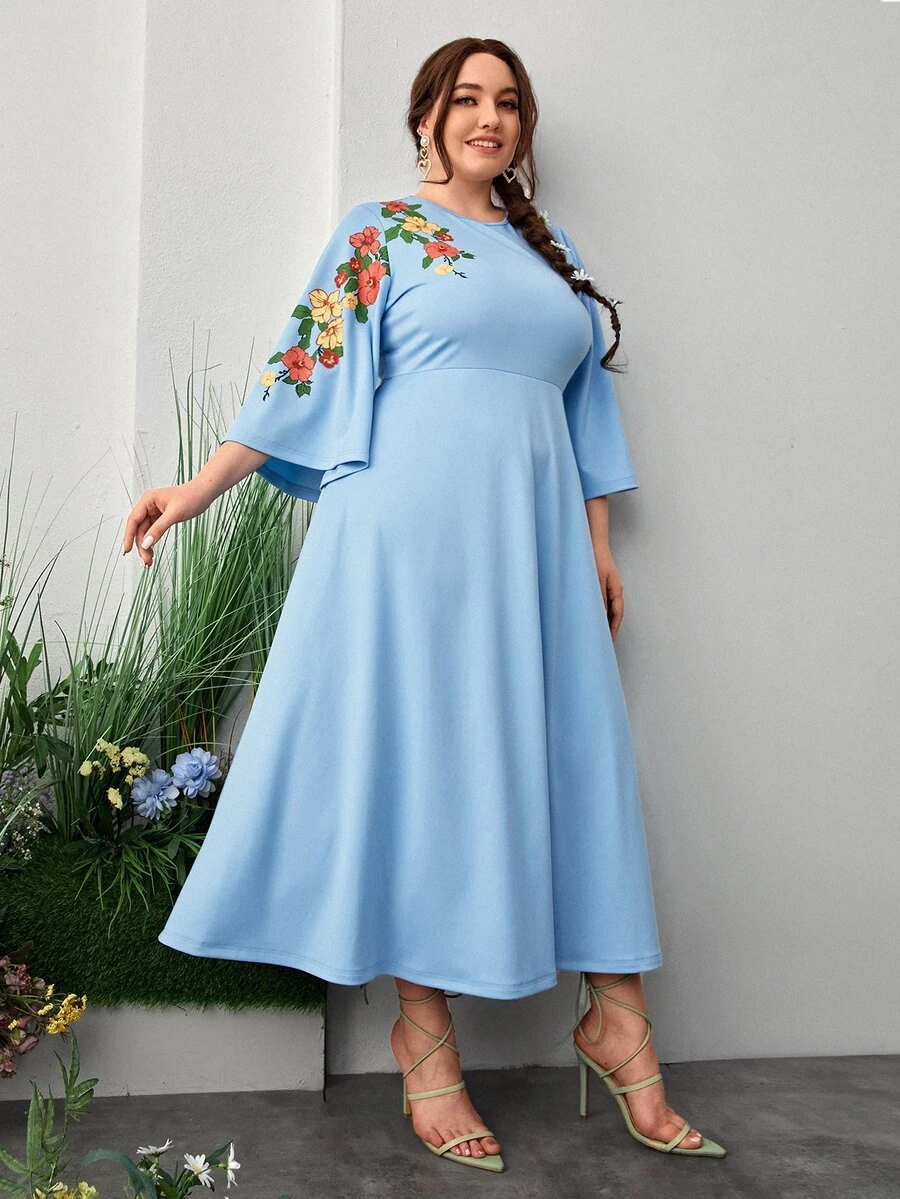 SHEIN 大碼印花荷葉袖連衣裙 - 淺藍色 - 查看 1