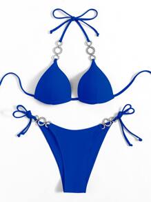 SHEIN Swim Summer Beach Rhinestone Ring Linked Bikini Set Halter Push Up Bra & Thong Bottom 2 Piece Bathing Suit - Royal Blue - View 4