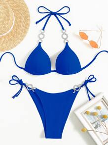 SHEIN Swim Summer Beach Rhinestone Ring Linked Bikini Set Halter Push Up Bra & Thong Bottom 2 Piece Bathing Suit - Royal Blue - View 6