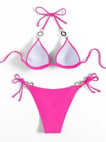 Rhinestone Ring Linked Bikini Set Halter Push Up Bra & Thong Bottom 2 Piece Bathing Suit - Pink - View 2