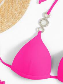 Rhinestone Ring Linked Bikini Set Halter Push Up Bra & Thong Bottom 2 Piece Bathing Suit - Pink - View 5