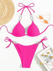 Rhinestone Ring Linked Bikini Set Halter Push Up Bra & Thong Bottom 2 Piece Bathing Suit - Pink - View 6