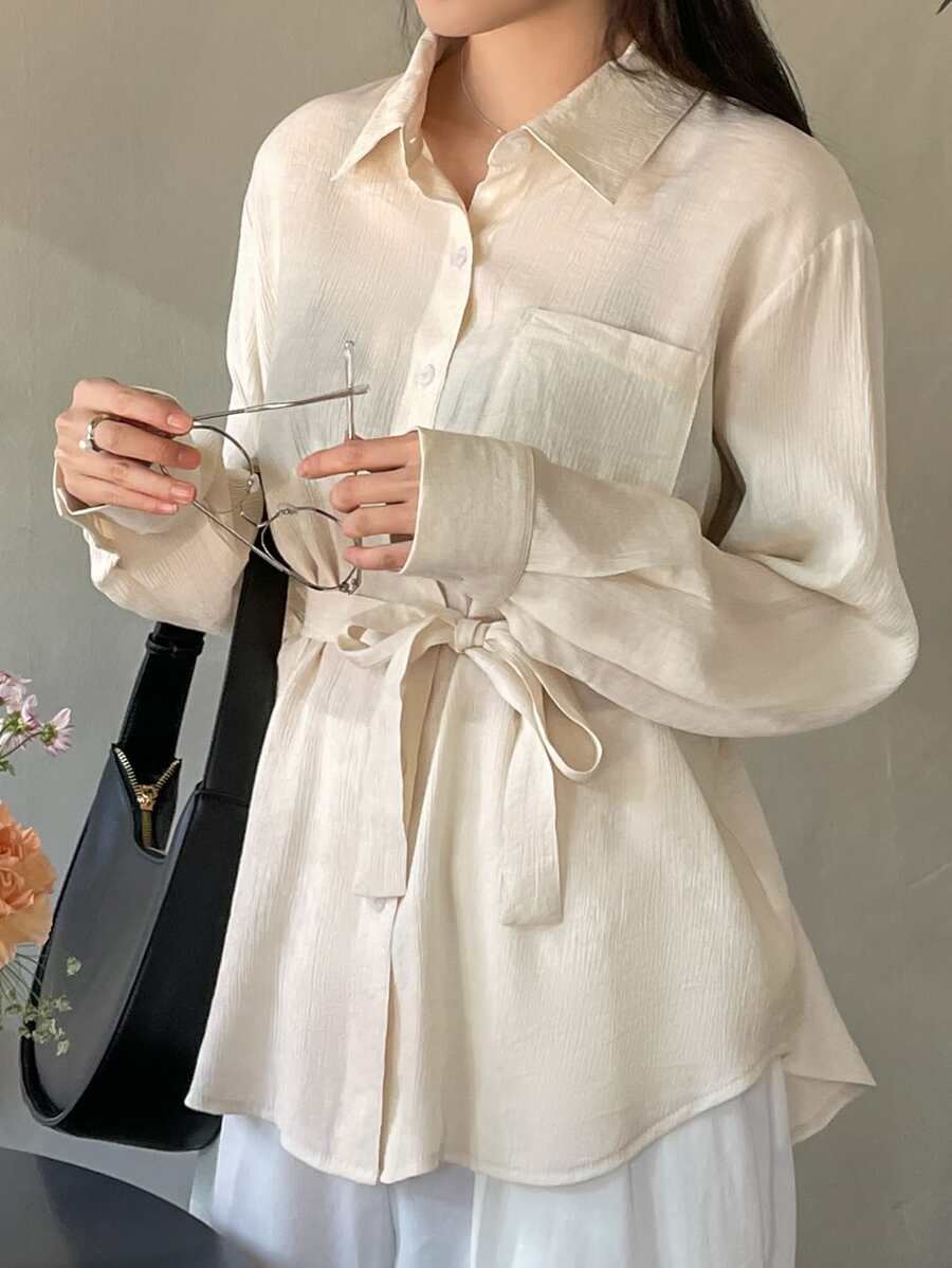 DAZY Button Front Belted Blouse - Beige - View 1