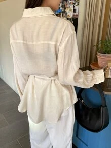 DAZY Button Front Belted Blouse - Beige - View 2