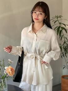DAZY Button Front Belted Blouse - Beige - View 4