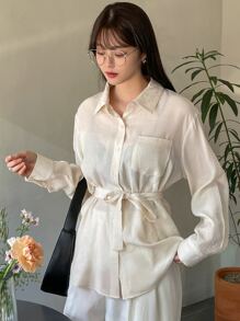 DAZY Button Front Belted Blouse - Beige - View 5