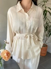 DAZY Button Front Belted Blouse - Beige - View 6