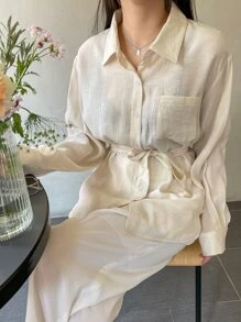 DAZY Button Front Belted Blouse - Beige - View 8