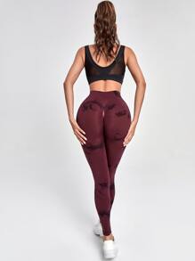 Yoga Trendy Seamless Wide Band Waist Tie Dye Sports Leggings - Maroon - View 1