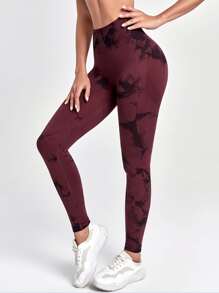 Yoga Trendy Seamless Wide Band Waist Tie Dye Sports Leggings - Maroon - View 2