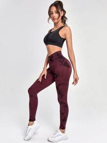 Yoga Trendy Seamless Wide Band Waist Tie Dye Sports Leggings - Maroon - View 3