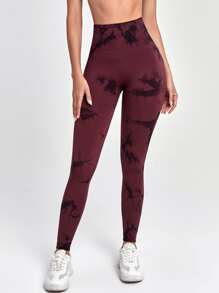 Yoga Trendy Seamless Wide Band Waist Tie Dye Sports Leggings - Maroon - View 4
