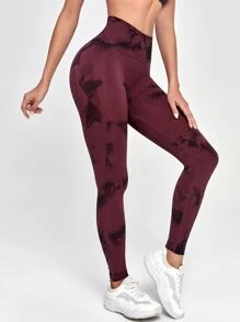 Yoga Trendy Seamless Wide Band Waist Tie Dye Sports Leggings - Maroon - View 5