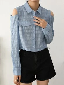 DAZY 挖肩前紐扣襯衫 - 霧霾藍 - 查看 3