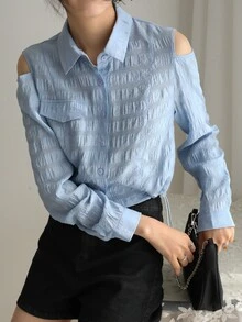 DAZY 挖肩前紐扣襯衫 - 霧霾藍 - 查看 4