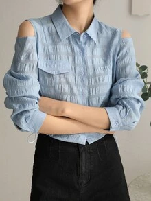 DAZY 挖肩前紐扣襯衫 - 霧霾藍 - 查看 5