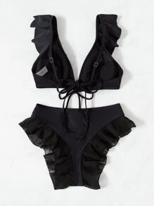 Bộ bikini có viền xếp nếp phía trước - màu đen - Xem 2
