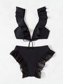 Bộ bikini có viền xếp nếp phía trước - màu đen - Xem 4