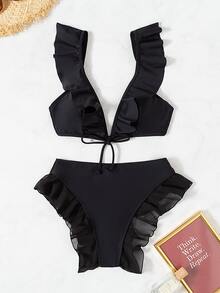 Bộ bikini có viền xếp nếp phía trước - màu đen - Xem 6