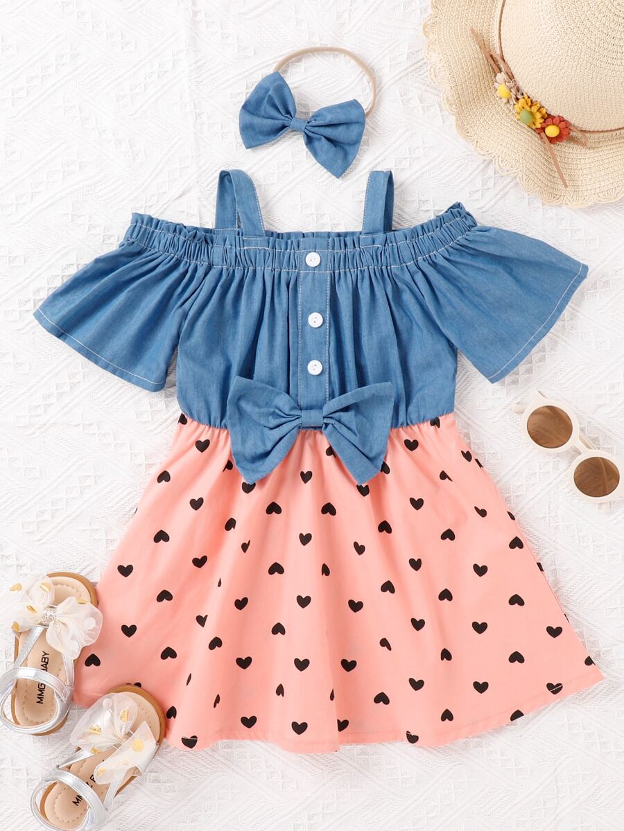 Đầm bé gái Nơ trước Nút phía trước Tim Dễ thương - Nhiều màu - Xem 1