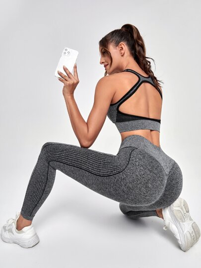 Seamless Backless Scoop Neck Colorblock Sports Set