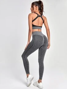 Seamless Backless Scoop Neck Colourblock Sports Set - Grey - View 3