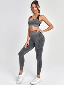 Seamless Backless Scoop Neck Colourblock Sports Set - Grey - View 4