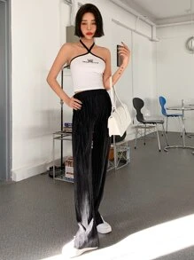 DAZY Letter Graphic Contrast Binding Halter Top - White - View 6