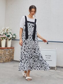 Mulvari Graphic Print Ruffle Hem Dress With Tee - Black and White - View 5