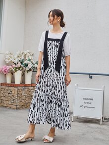 Mulvari Graphic Print Ruffle Hem Dress With Tee - Black and White - View 6
