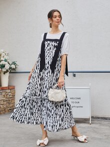 Mulvari Graphic Print Ruffle Hem Dress With Tee - Black and White - View 7