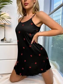 Vestido camisón de pijama con estampado de corazón y borde de lechuga - Negro - Ver 6
